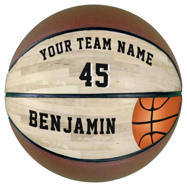 Wood Court Floor with Team Name Number Basketball (Front)
