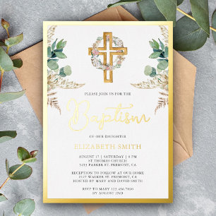 Wood Cross Boho Pampas Eucalyptus Baptism Gold