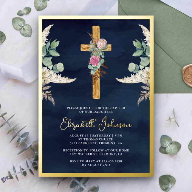 Wood Cross Boho Pampas Eucalyptus Navy Baptism (Creator Uploaded)
