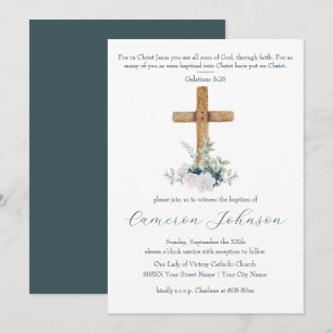 Wood Cross White and Blue Flowers Baptism Invitation