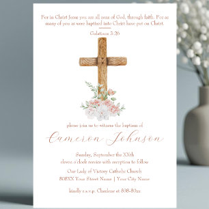 Wood Cross White and Blush Flowers Baptism Invitation