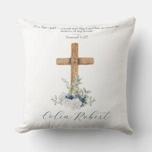 Wood Cross White & Blue Flowers Bible Verse Cushion