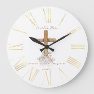 Wood Cross White & Blush Flowers Bible Verse Large Clock
