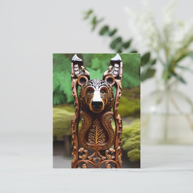 Wood curved bear statue postcard (Standing Front)