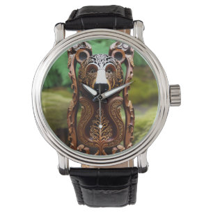 Wood curved bear statue watch