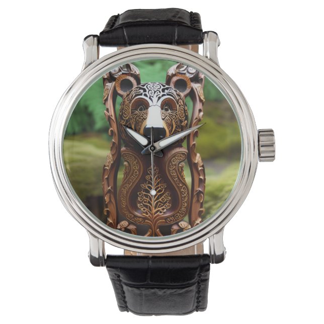 Wood curved bear statue watch (Front)