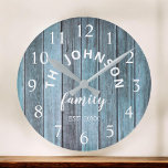 Wood Custom Family Name Rustic Beach House Large Clock<br><div class="desc">The Blue wooden farm house style wall clock is perfect for your country Beach House kitchen or Living Room. Customise with your family name and established year for a unique and personalised birthday or Christmas gift.</div>