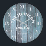Wood Custom Family Name Rustic Beach Large Clock<br><div class="desc">The blue wooden Beach House style wall clock is perfect for your beach house vacation home. Customise with your family name and established year for a unique and personalised birthday or Christmas gift.</div>