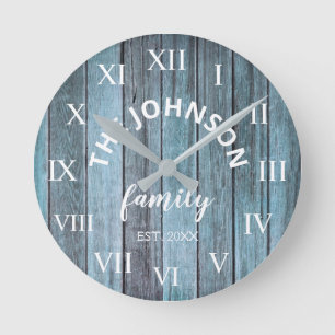Wood Custom Family Name Rustic Beach Round Clock