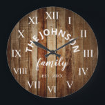 Wood Custom Family Name Rustic Farmhouse Large Clock<br><div class="desc">The brown wooden farm house style wall clock is perfect for your country farmhouse kitchen or living room. Customise with your family name and established year for a unique and personalised birthday or Christmas gift.</div>