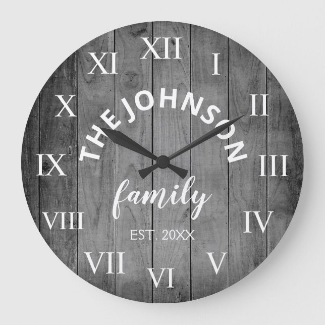 Wood Custom Family Name Rustic Farmhouse Large Clock (Front)