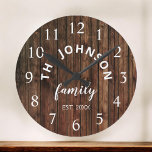 Wood Custom Family Name Rustic Farmhouse Large Clock<br><div class="desc">The brown wooden farm house style wall clock is perfect for your country farmhouse kitchen. Customise with your family name and established year for a unique and personalised birthday or Christmas gift.</div>