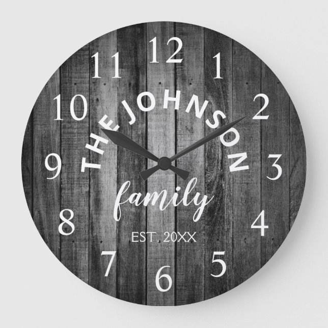 Wood Custom Family Name Rustic Farmhouse Large Clock (Front)