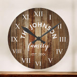 Wood Custom Family Name Rustic Farmhouse Round Clock<br><div class="desc">The brown wooden farm house style wall clock is perfect for your country farmhouse kitchen or living room. Customise with your family name and established year for a unique and personalised birthday or Christmas gift.</div>