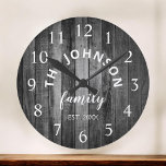 Wood Custom Family Name Rustic Farmhouse Round Clock<br><div class="desc">The grey (grey) wooden farm house style wall clock is perfect for your country farmhouse kitchen. Customise with your family name and established year for a unique and personalised birthday or Christmas gift.</div>