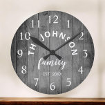 Wood Custom Family Name Rustic Farmhouse Round Clock<br><div class="desc">The grey (grey) wooden farm house style wall clock is perfect for your country farmhouse kitchen. Customise with your family name and established year for a unique and personalised birthday or Christmas gift.</div>