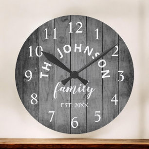 Wood Custom Family Name Rustic Farmhouse Round Clock