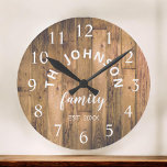 Wood Custom Family Name Rustic Farmhouse Round Clock<br><div class="desc">The brown wooden farm house style wall clock is perfect for your country farmhouse kitchen. Customise with your family name and established year for a unique and personalised birthday or Christmas gift.</div>