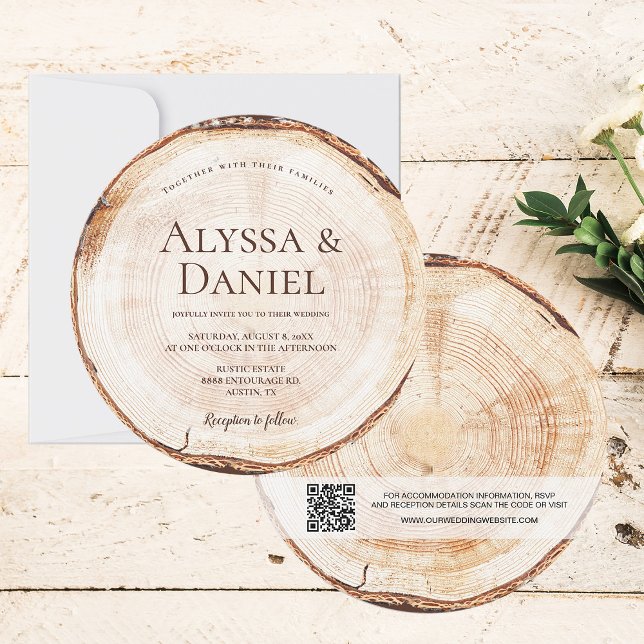 Wood Cut Grain QR Code Details Rustic Wedding  Invitation (Unique round rustic wedding invitation with wood grain tree ring and instantly generated QR code.)