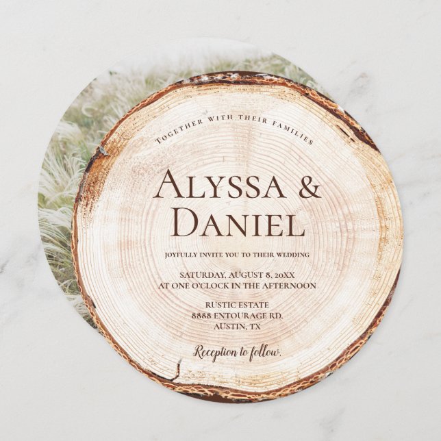 Wood Cut Slice Custom Photo Rustic Wedding  Invitation (Front/Back)