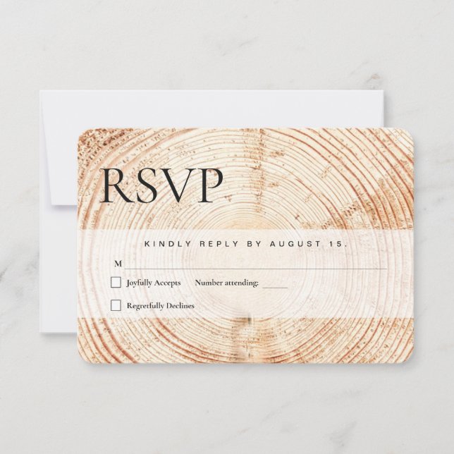 Wood Cut Slice Mail in Rustic Wedding  RSVP Card (Front)