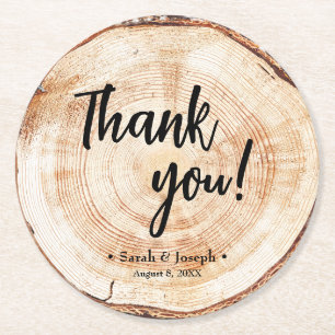 Wood cut Wedding handlettering Thank You Favour Round Paper Coaster