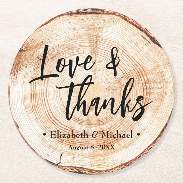 Wood cutting heart wood Love and thanks Wedding Round Paper Coaster (Front)