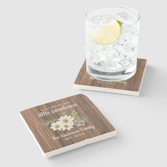 Wood Daisy Family Name Est.Wedding Farmhouse  Stone Coaster (Side)