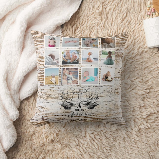 Wood Deer Baby's First Year Photo Collage Cushion (Blanket)