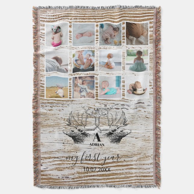 Wood Deer Baby's First Year Photo Collage Throw Blanket (Front Vertical)