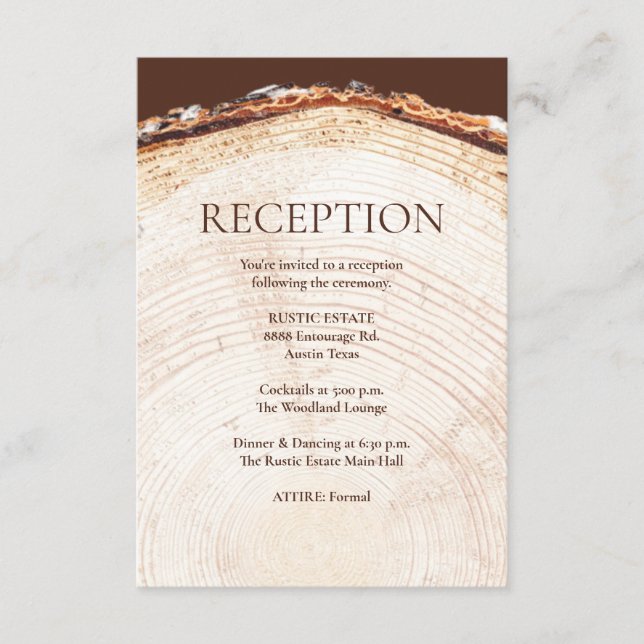 Wood Design Tree rings Rustic Wedding Reception Enclosure Card (Front)