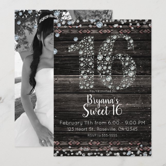 Wood Diamond Bling 16 Sixteen Birthday Party Photo Invitation (Front/Back)