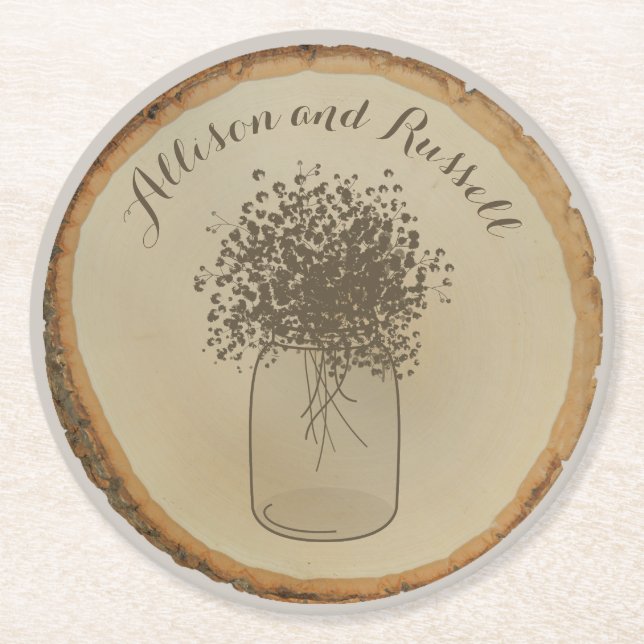Wood Disc Inspired Baby's Breath Wedding Coaster (Front)