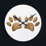 Wood Dog Paw Print Round Clock<br><div class="desc">Cartoon dog paws with carved wood effect applied to image. All digital design.</div>