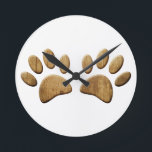 Wood Dog Paw Print Round Clock<br><div class="desc">Cartoon dog paws with carved wood effect applied to image. All digital design.</div>