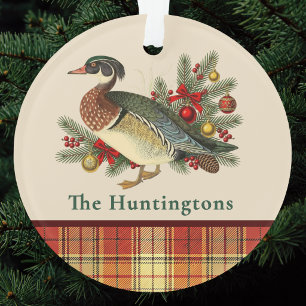 Wood Duck and Festive Holiday Greenery and Plaid Ornament