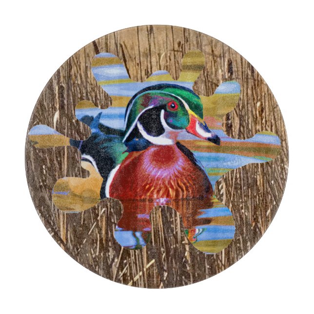 Wood Duck Cutting Board, Duck Hunting Round Cutting Board (Front)