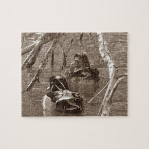 Wood Duck Drake and Hen in Sepia Jigsaw Puzzle