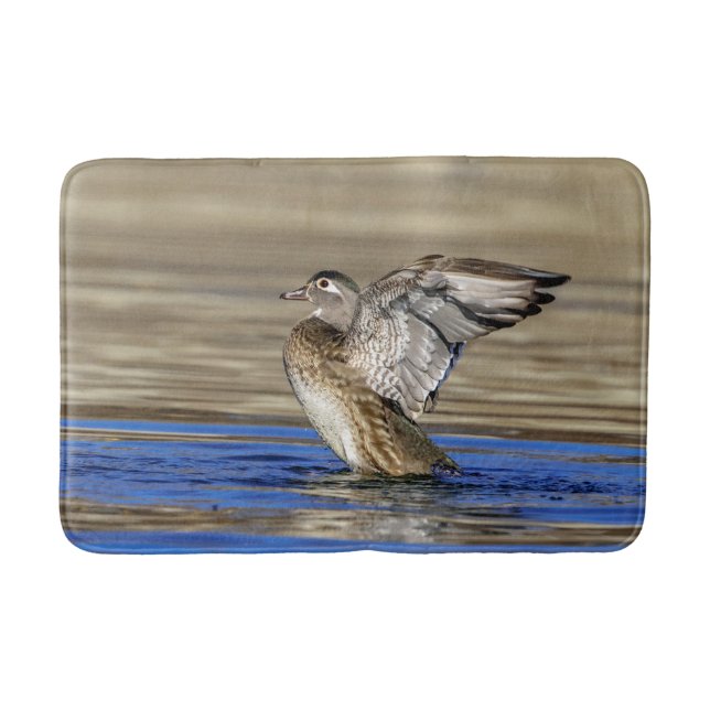 Wood Duck flapping her wings Bath Mat (Front)