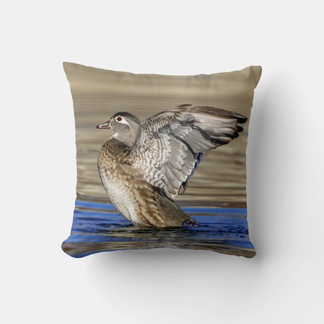 Wood Duck flapping her wings Cushion (Front)