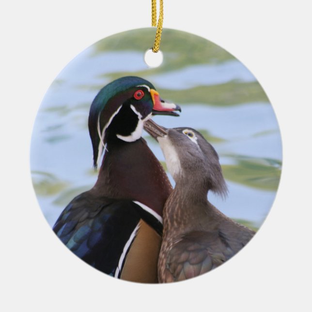 Wood Duck Kiss Ceramic Tree Decoration (Front)