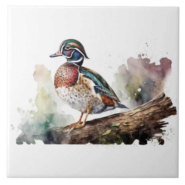 Wood Duck On a Solid White Background On A Log Tile (Front)