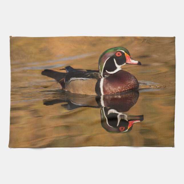 Wood duck on Golden lake Tea Towel (Horizontal)