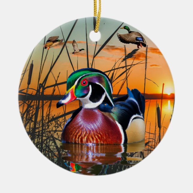 Wood Duck Ornament, Flying Mallard Ceramic Tree Decoration (Front)
