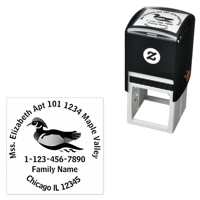 Wood Duck Return Address Contact Info Self-inking Stamp (In Situ)
