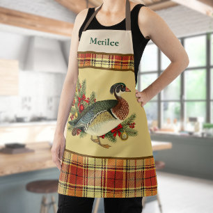 Wood Duck with Festive Holiday Greenery and Plaid Apron