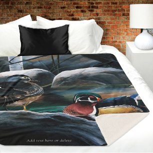 Wood Ducks Pair Pond Nature Wildlife Colourful Sherpa Blanket