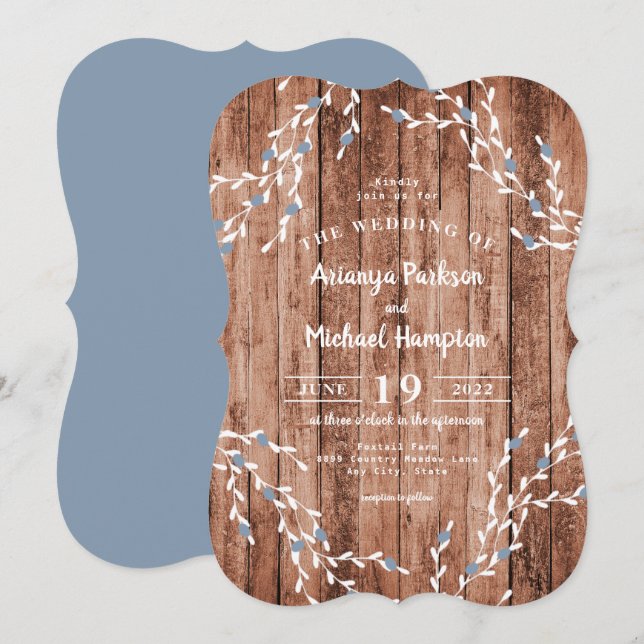 Wood Dusty Blue Berry Wreath Wedding Invitation (Front/Back)