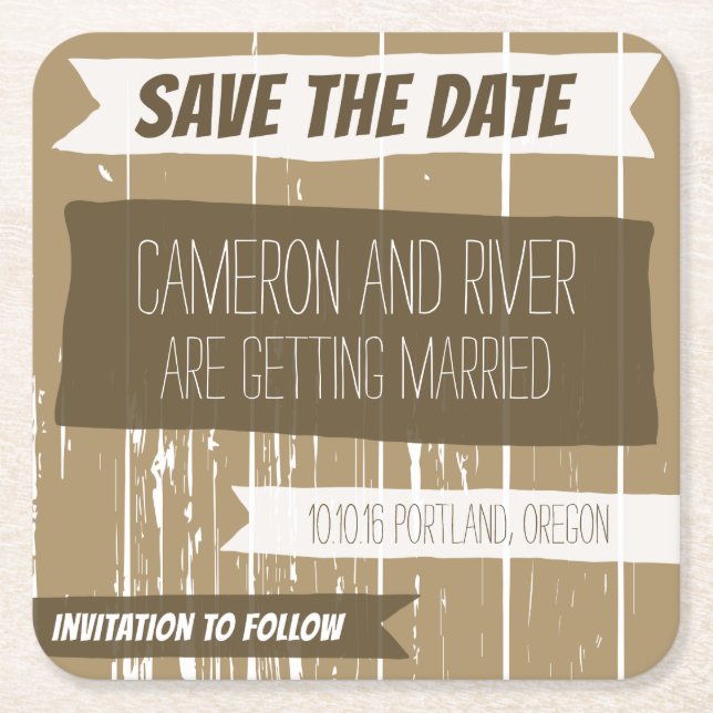 Wood Effect Save the Date Coaster (Front)
