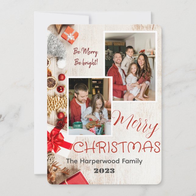 wood elegant family christmas Two Photo Holiday Card (Front)